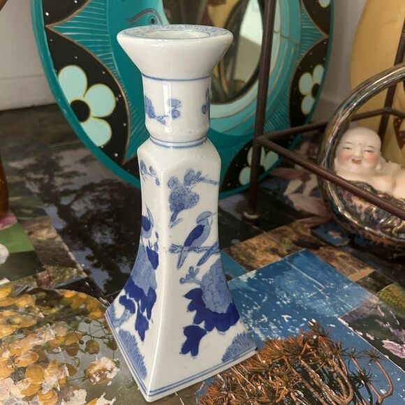 Vintage Chinoiserie Blue And White Candlestick Holder 9" - Picture 1 of 16
